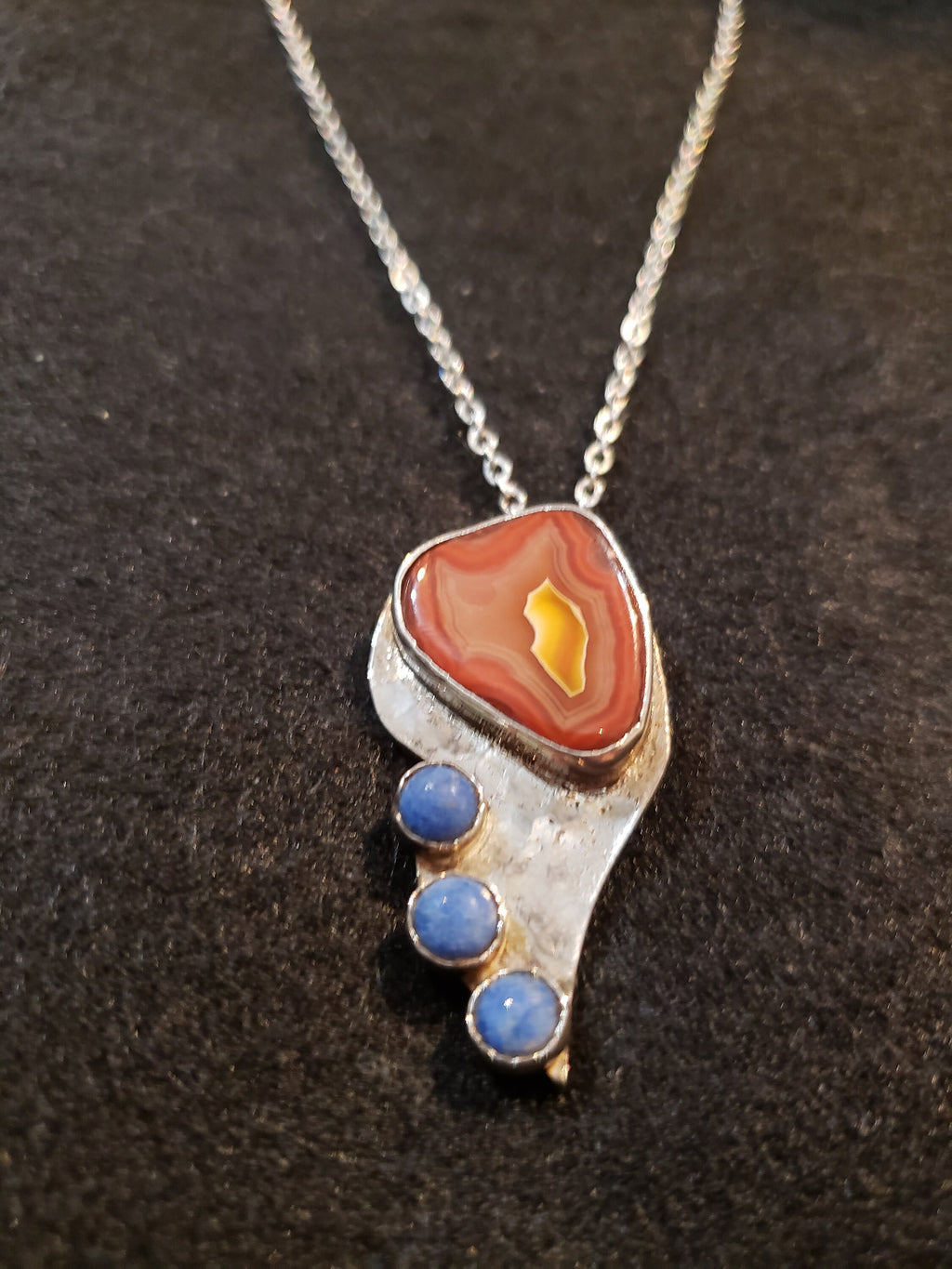 Fortification Agate with three Demis Lapis Stones 925 Sterling Silver Necklace