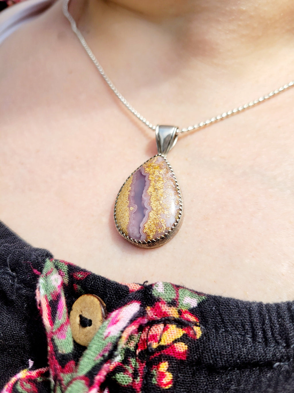 Amethyst & Moss Agate Pendant: Sterling Silver Teardrop Necklace