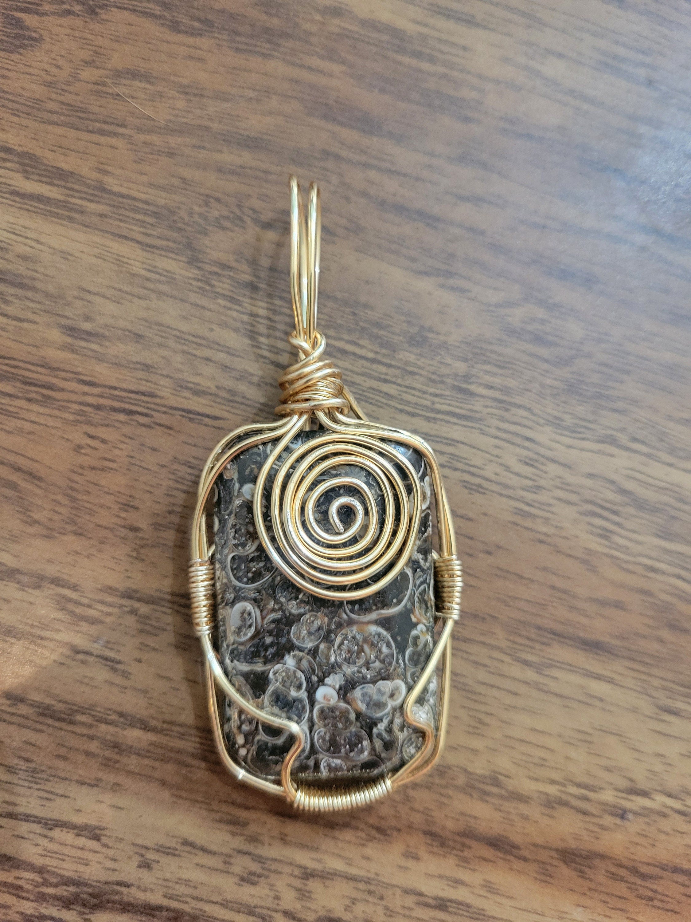 Seashell Pendant Wire Wrapped in Gold, Black Jasper with Sea Shell Fossils embedded within