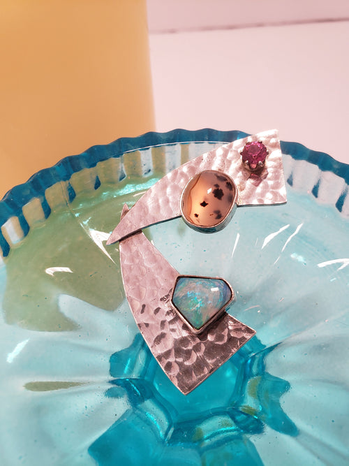 Asymmetrical Sterling Silver Pendant: Garnet, Fire Opal & Montana Agate