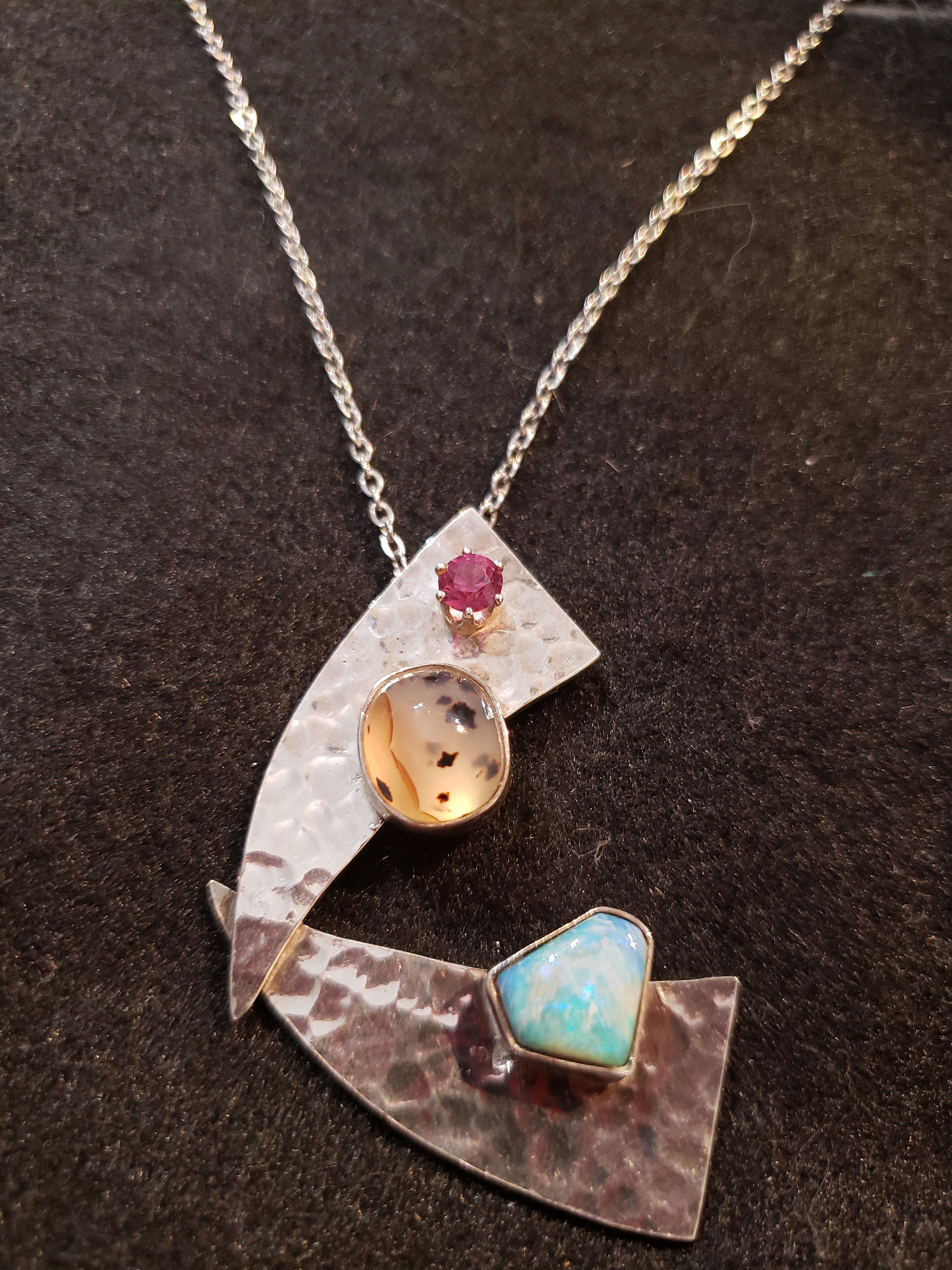 Asymmetrical Sterling Silver Pendant: Garnet, Fire Opal & Montana Agate