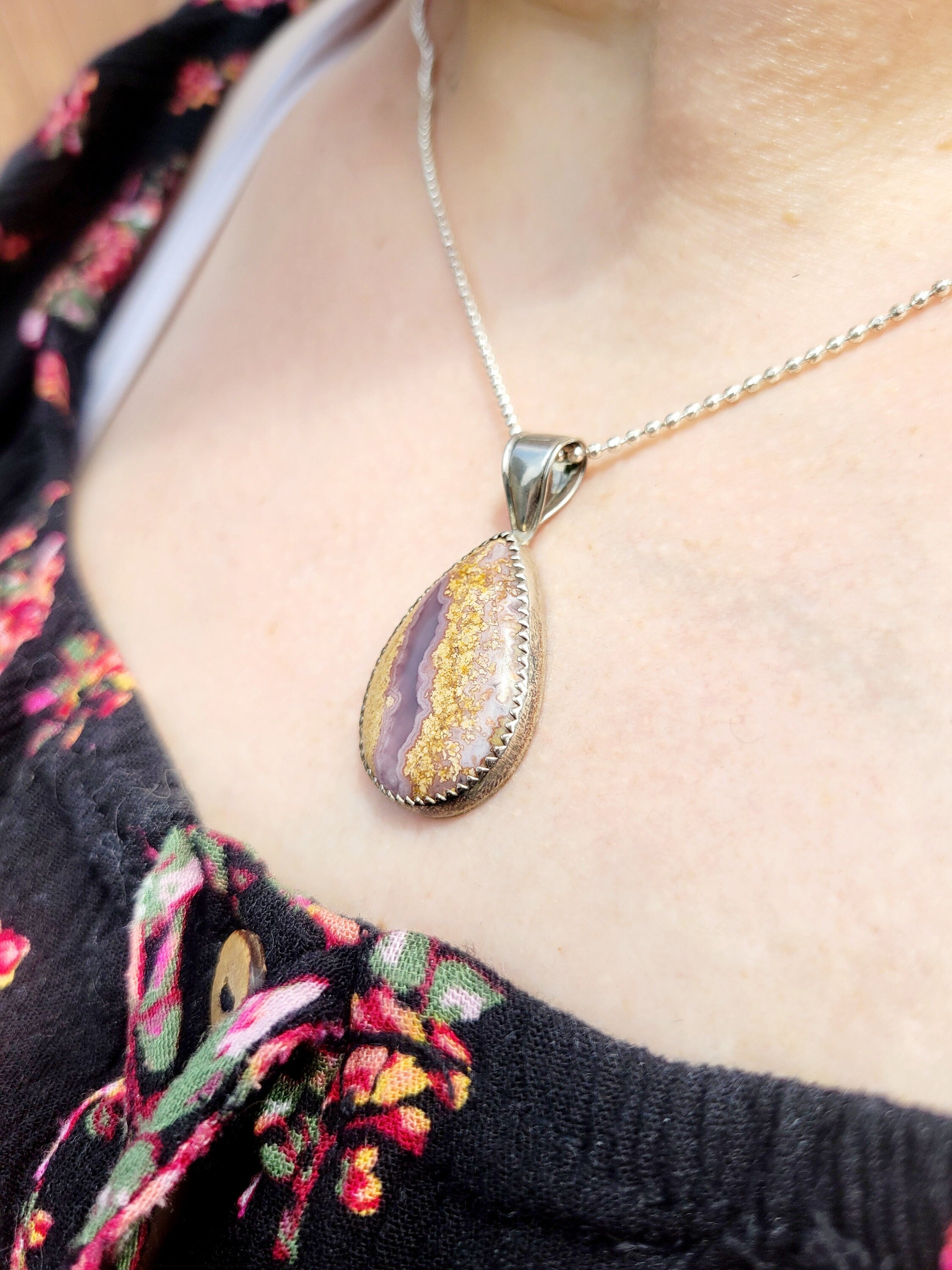 Amethyst & Moss Agate Pendant: Sterling Silver Teardrop Necklace