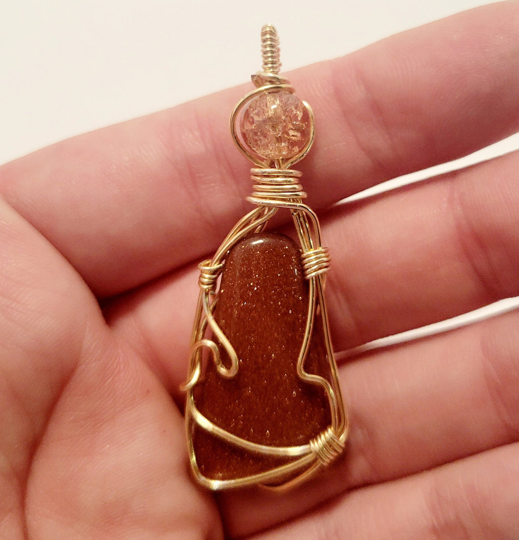 Wire Wrapped Goldstone Pendant Necklace: Sparkly Brown Stone