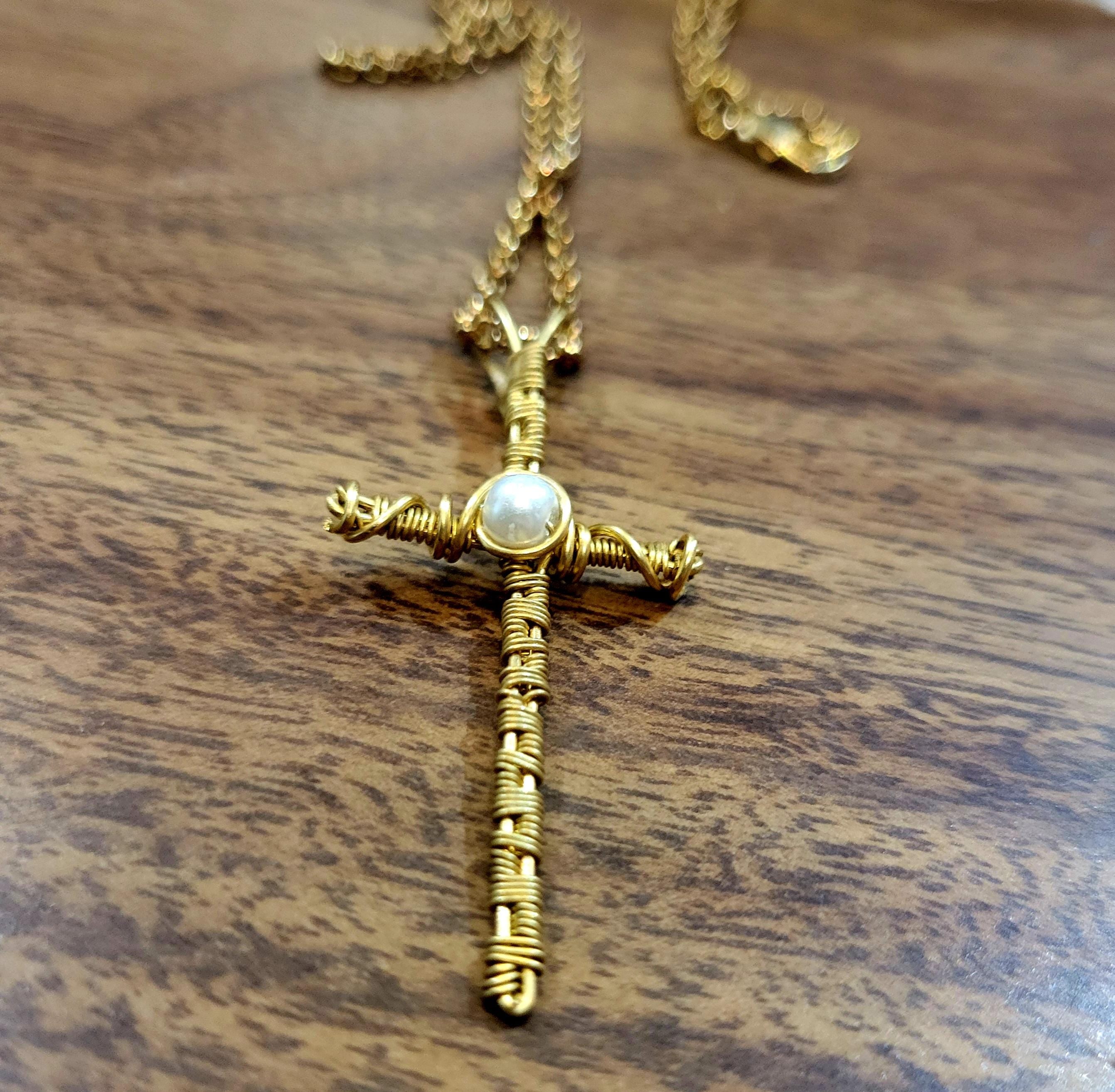 Gold Copper Wire Wrapped Cross Necklace: Freshwater Pearl Pendant