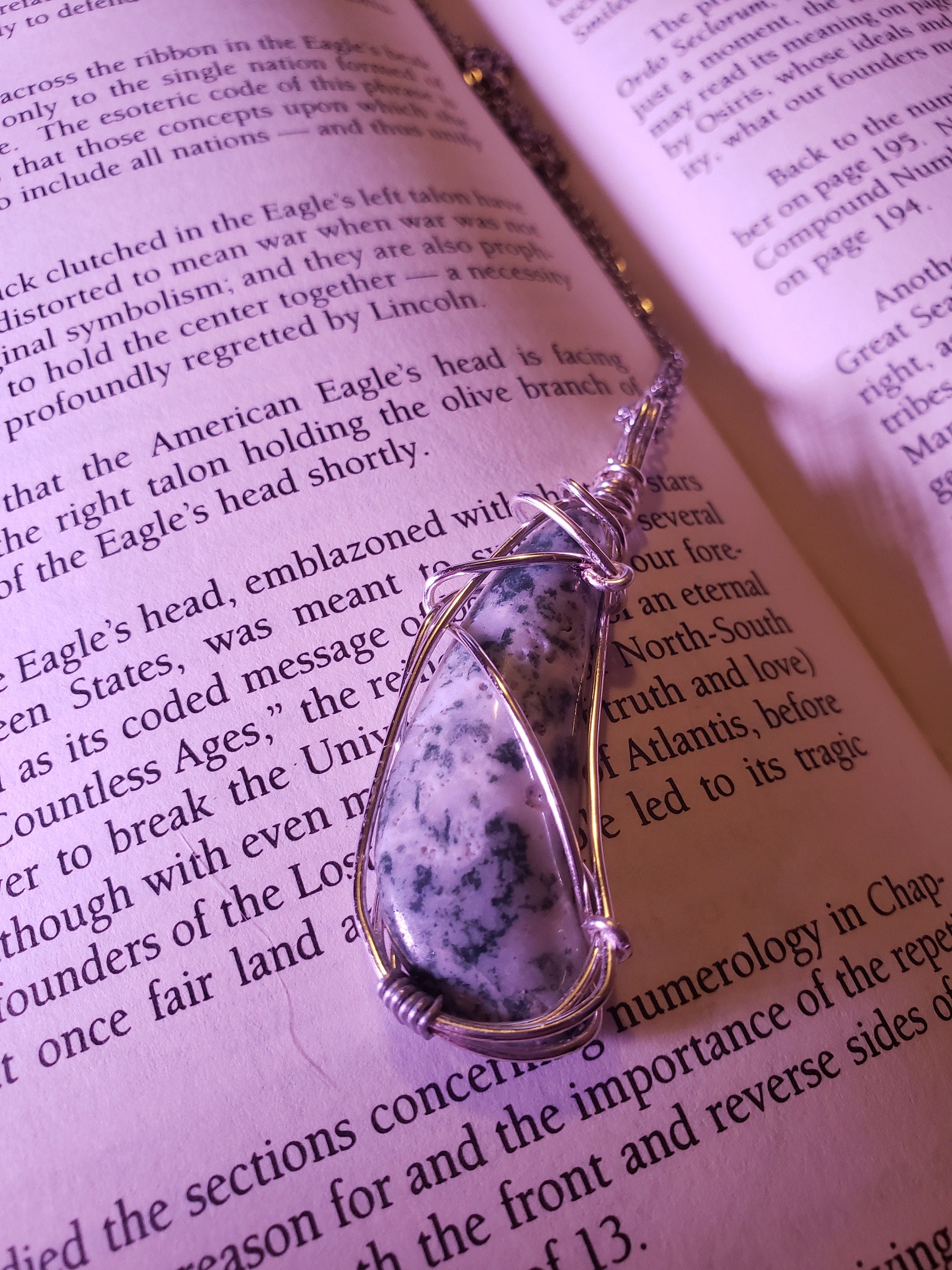 White Moss Agate Pendant Featuring Silver Wire Wrapping