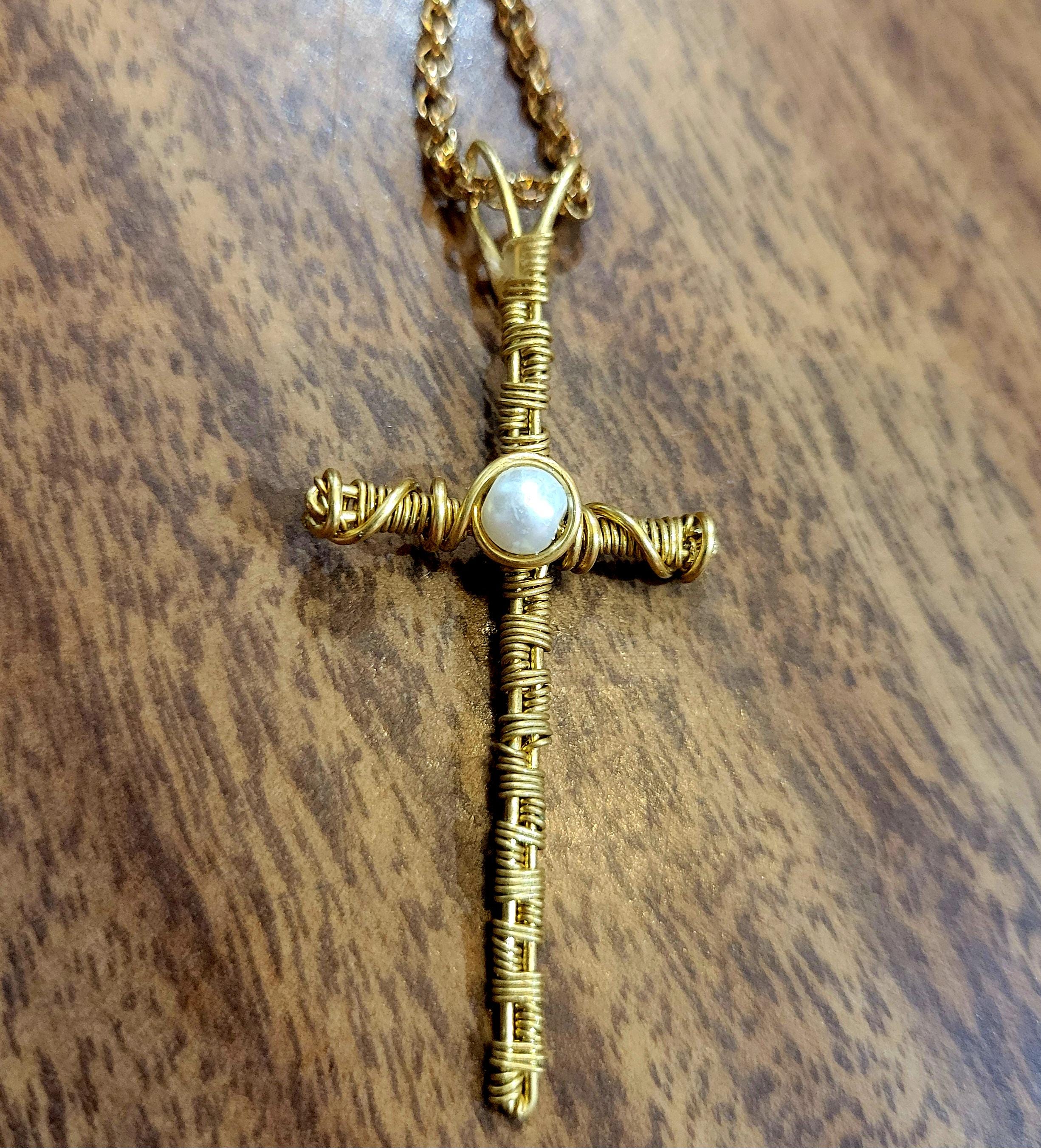 Gold Copper Wire Wrapped Cross Necklace: Freshwater Pearl Pendant