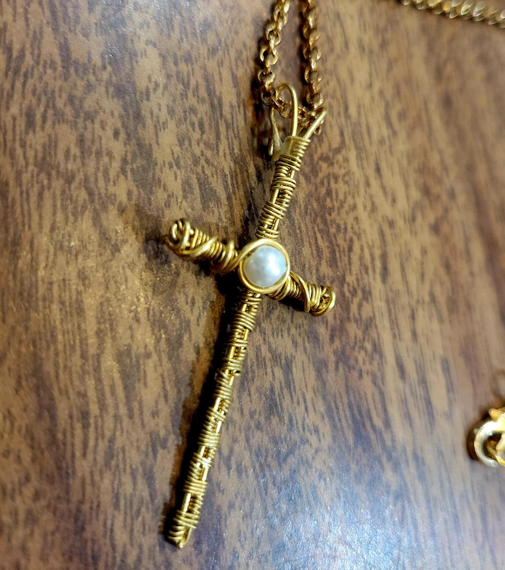 Gold Copper Wire Wrapped Cross Necklace: Freshwater Pearl Pendant
