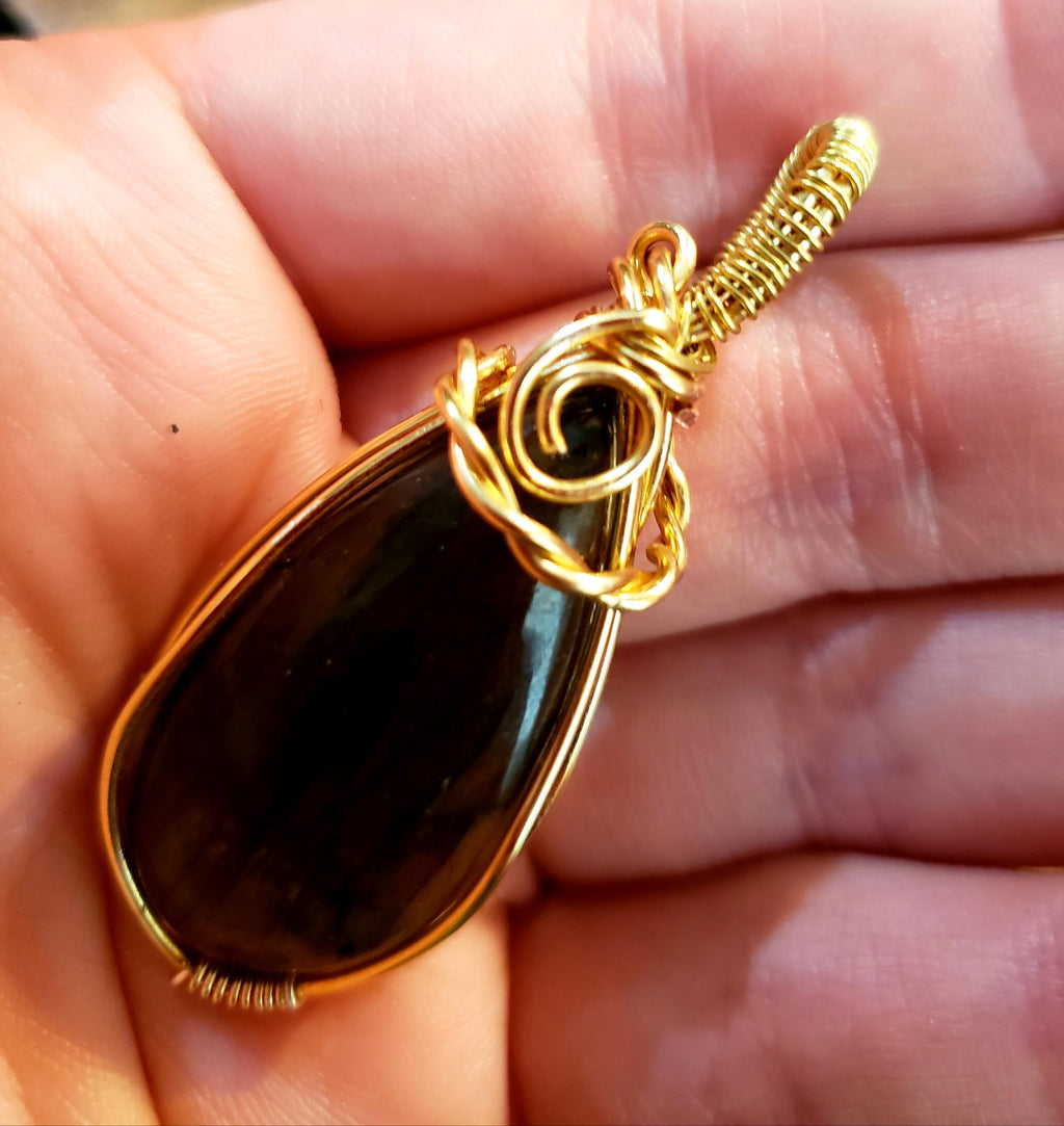 Teardrop Labradorite Pendant: Handmade Gold Wire Wrapped Necklace