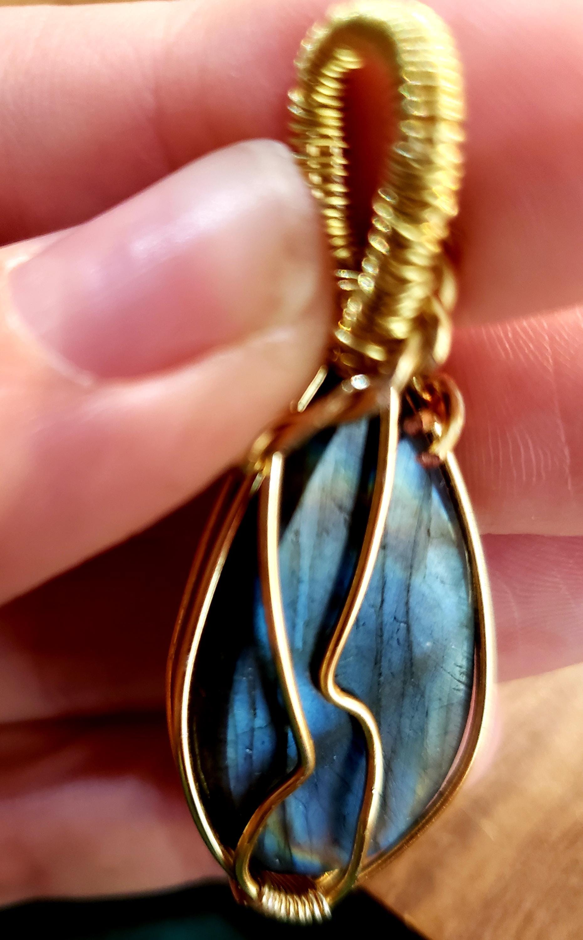 Teardrop Labradorite Pendant: Handmade Gold Wire Wrapped Necklace