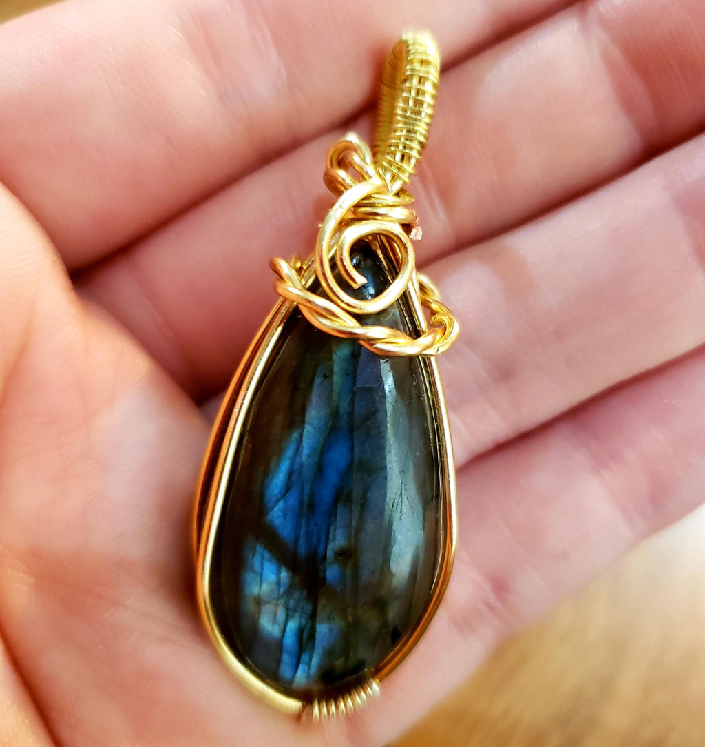 Teardrop Labradorite Pendant: Handmade Gold Wire Wrapped Necklace