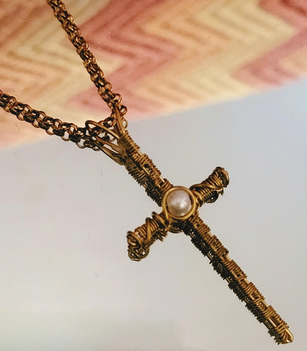 Gold Copper Wire Wrapped Cross Necklace: Freshwater Pearl Pendant