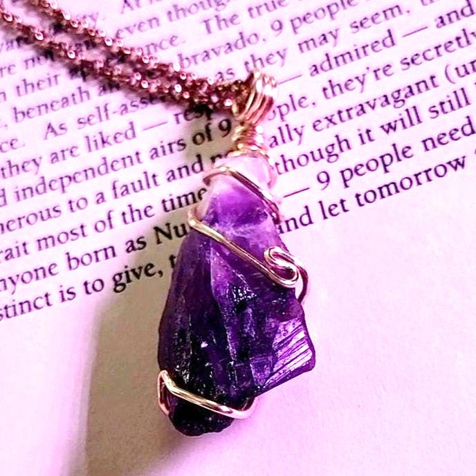Raw Amethyst Wire Wrapped Pendant Necklace – Handmade Crystal Jewelry