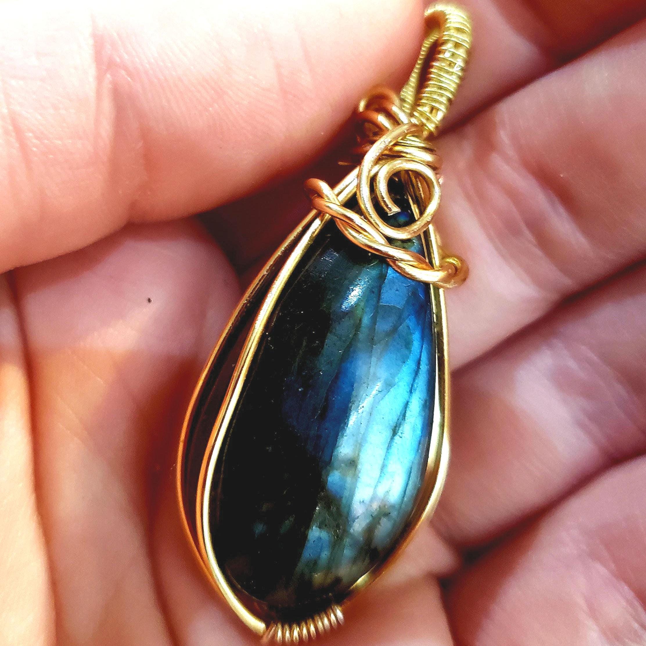 Teardrop Labradorite Pendant: Handmade Gold Wire Wrapped Necklace