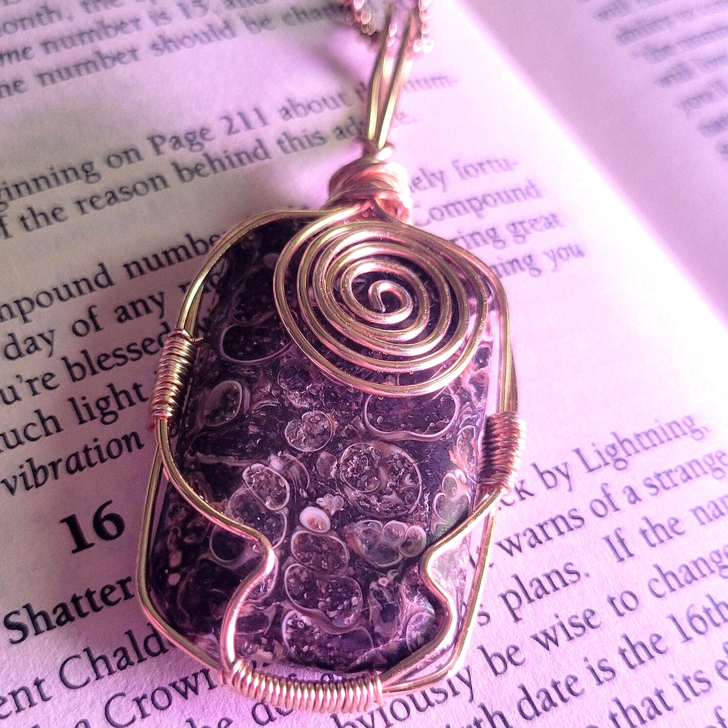 Seashell Pendant Wire Wrapped in Gold, Black Jasper with Sea Shell Fossils embedded within