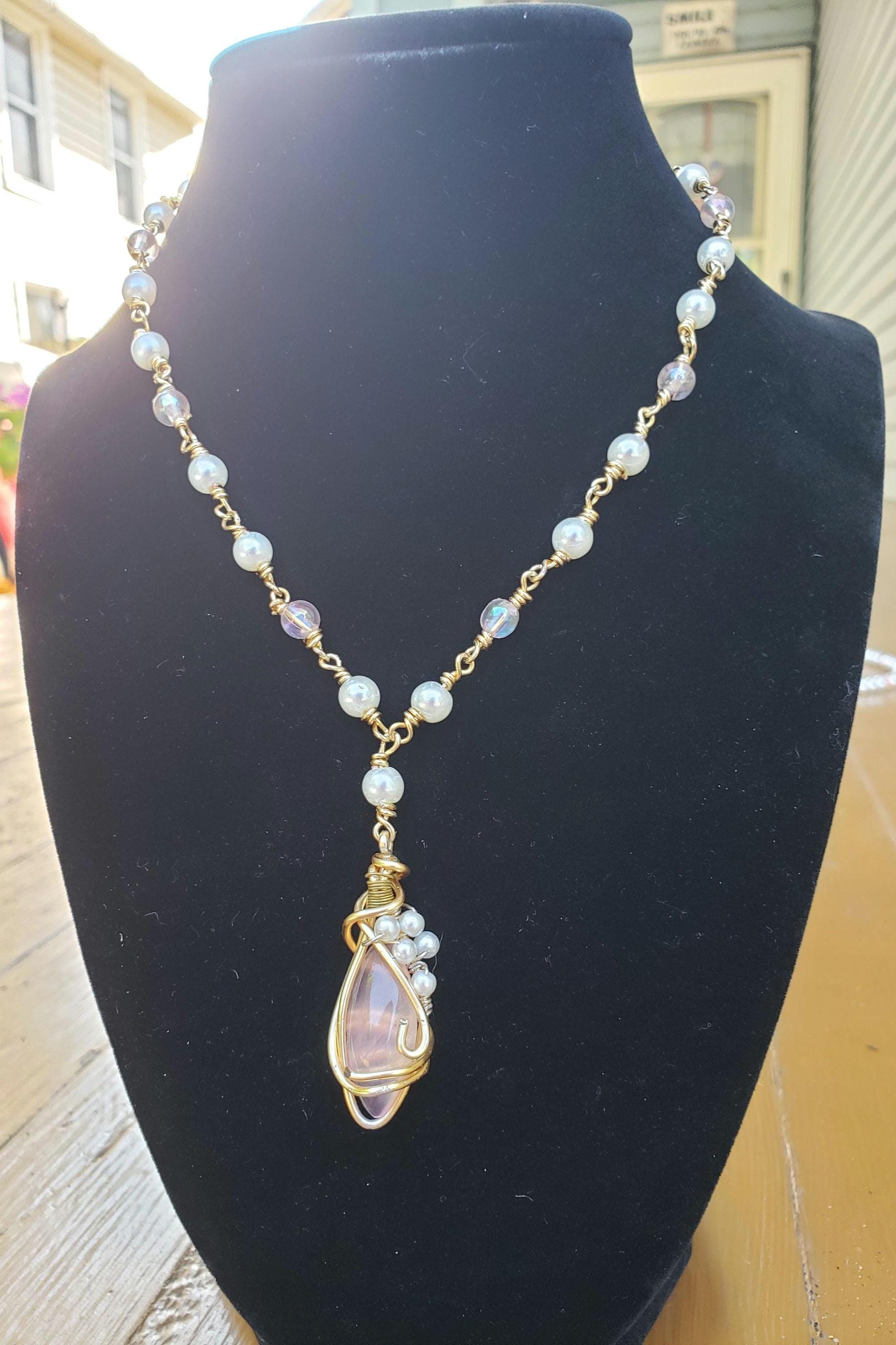 Coquette Rose Quartz Wire Wrapped Necklace with Pearls