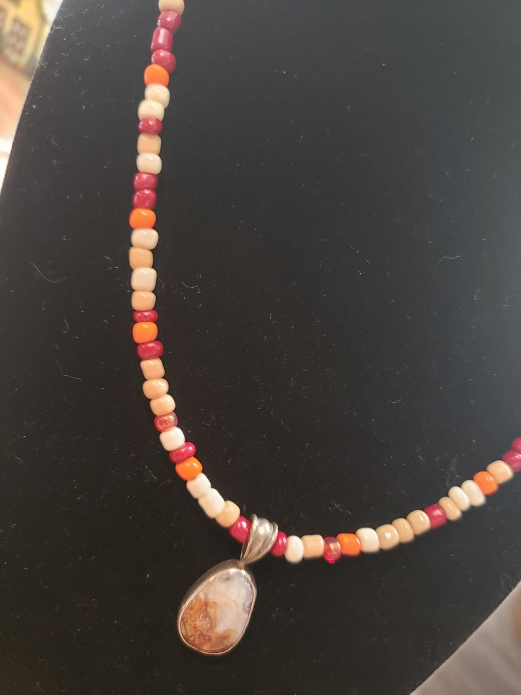 Mexican Crazy Lace Agate Pendant: Sterling Silver Bezel Necklace