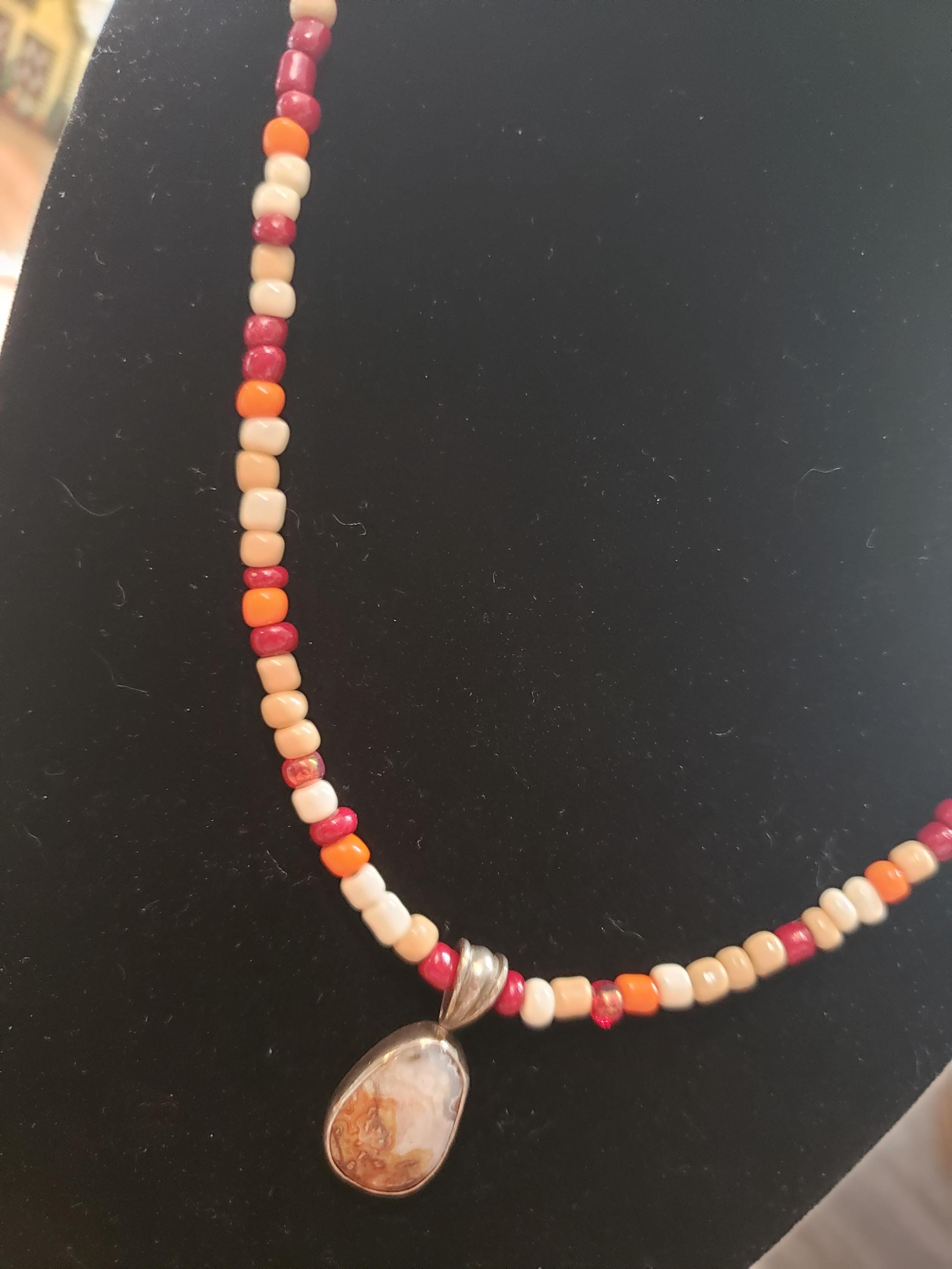 Mexican Crazy Lace Agate Pendant: Sterling Silver Bezel Necklace