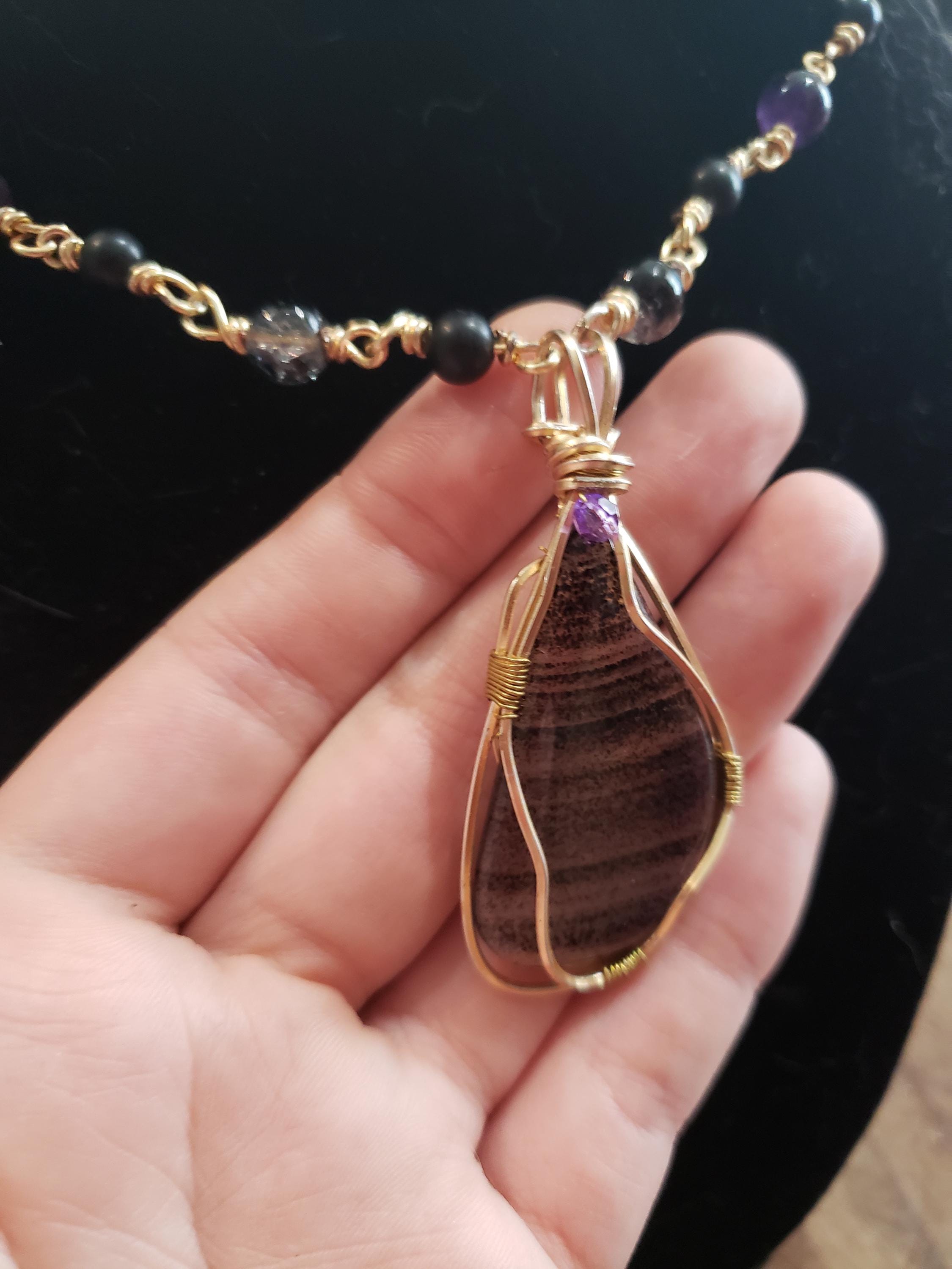 Black Spotted Witchy Pendant with Oynx, glass, and Amethyst Beads