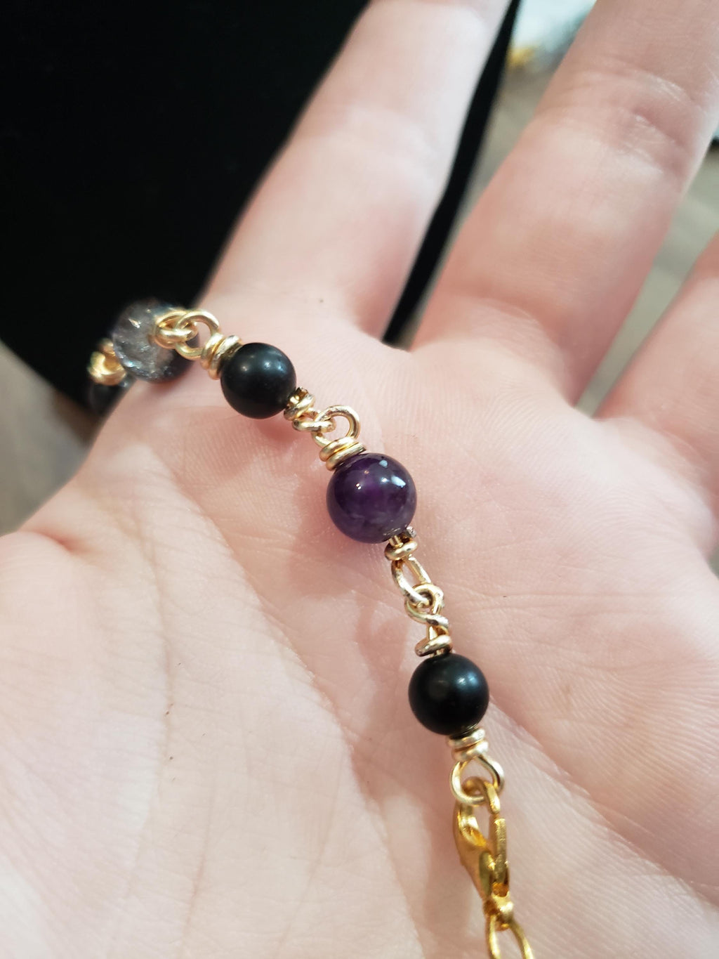 Black Spotted Witchy Pendant with Oynx, glass, and Amethyst Beads