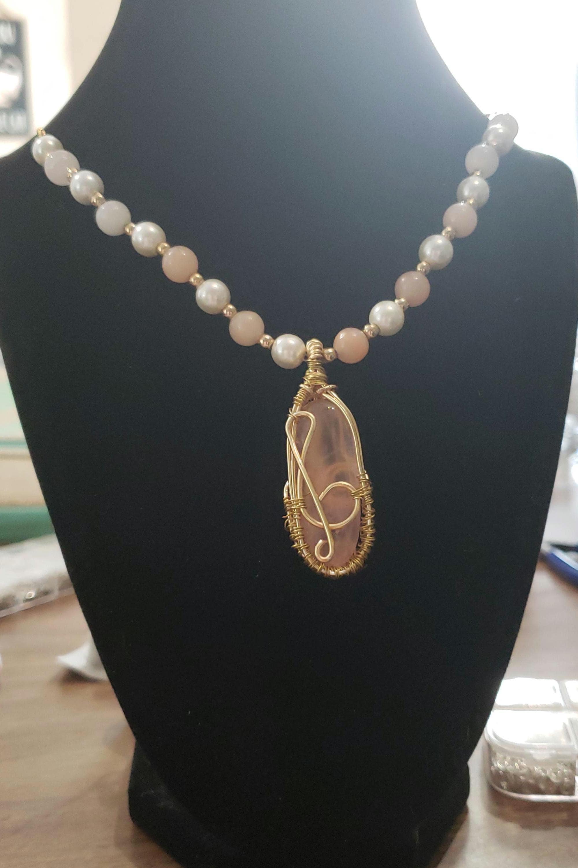 Wire Wrapped Rose Quartz Coquette Necklace with Music Clef Note Pendant