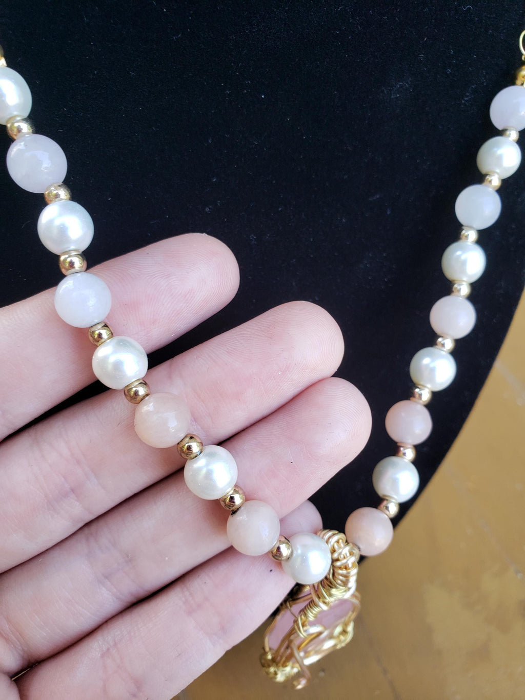 Wire Wrapped Rose Quartz Coquette Necklace with Music Clef Note Pendant