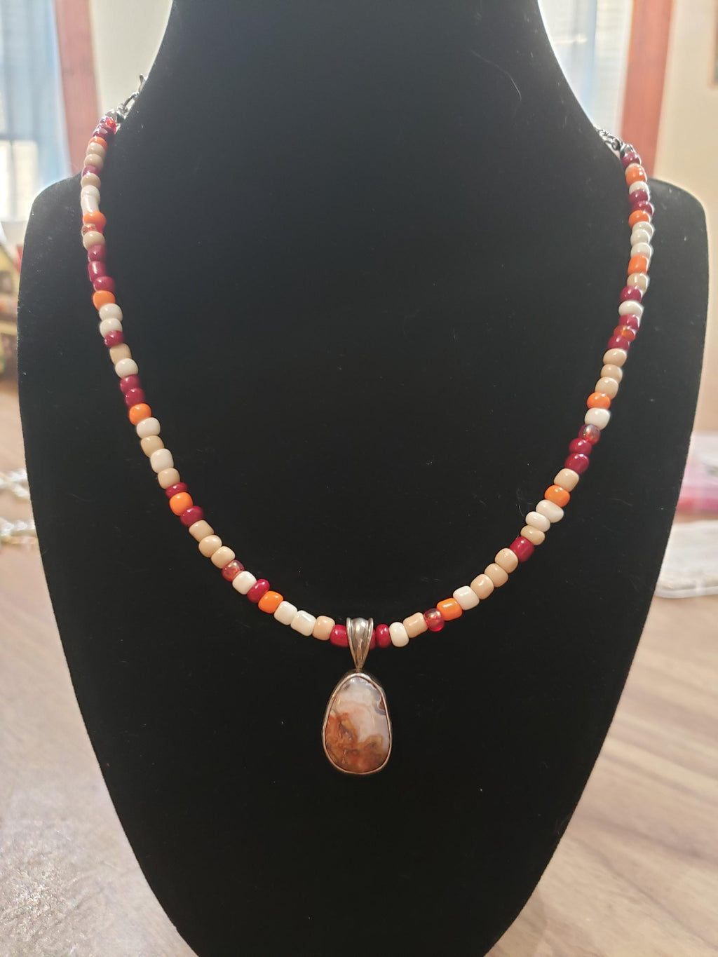 Mexican Crazy Lace Agate Pendant: Sterling Silver Bezel Necklace