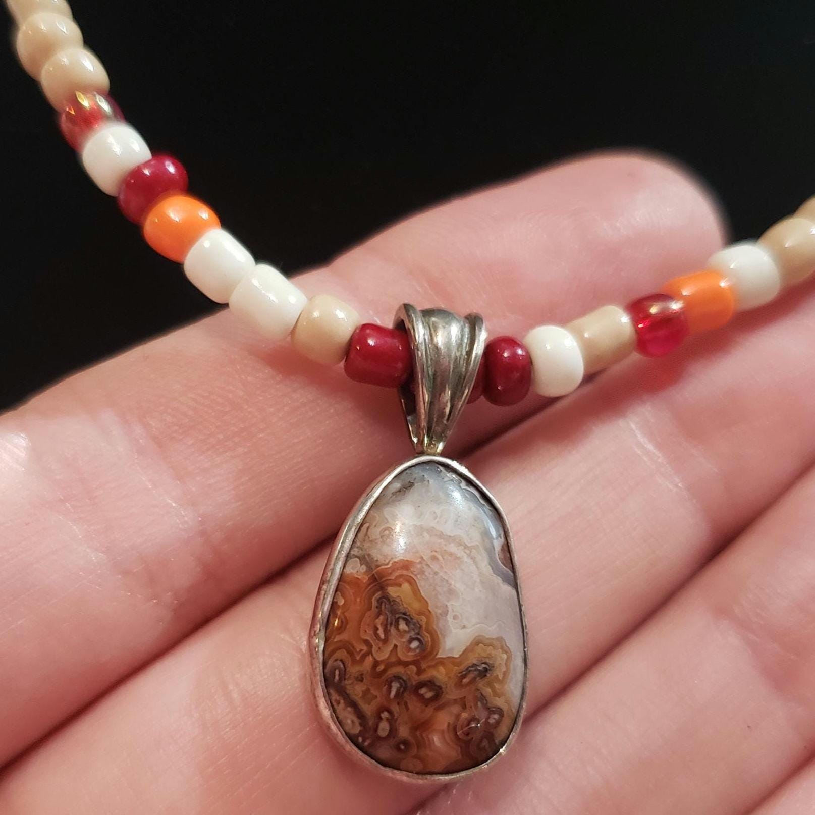 Mexican Crazy Lace Agate Pendant: Sterling Silver Bezel Necklace