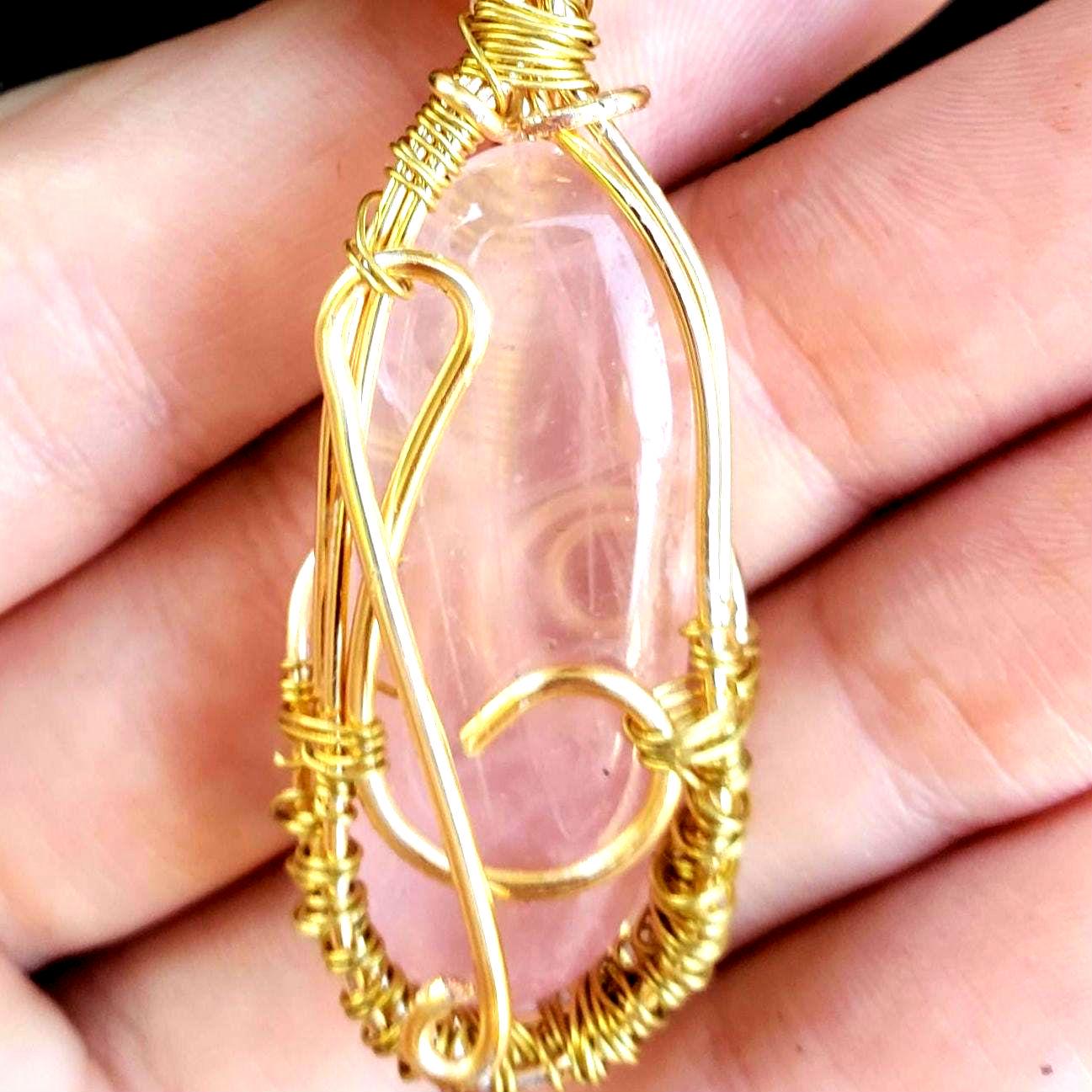 Wire Wrapped Rose Quartz Coquette Necklace with Music Clef Note Pendant