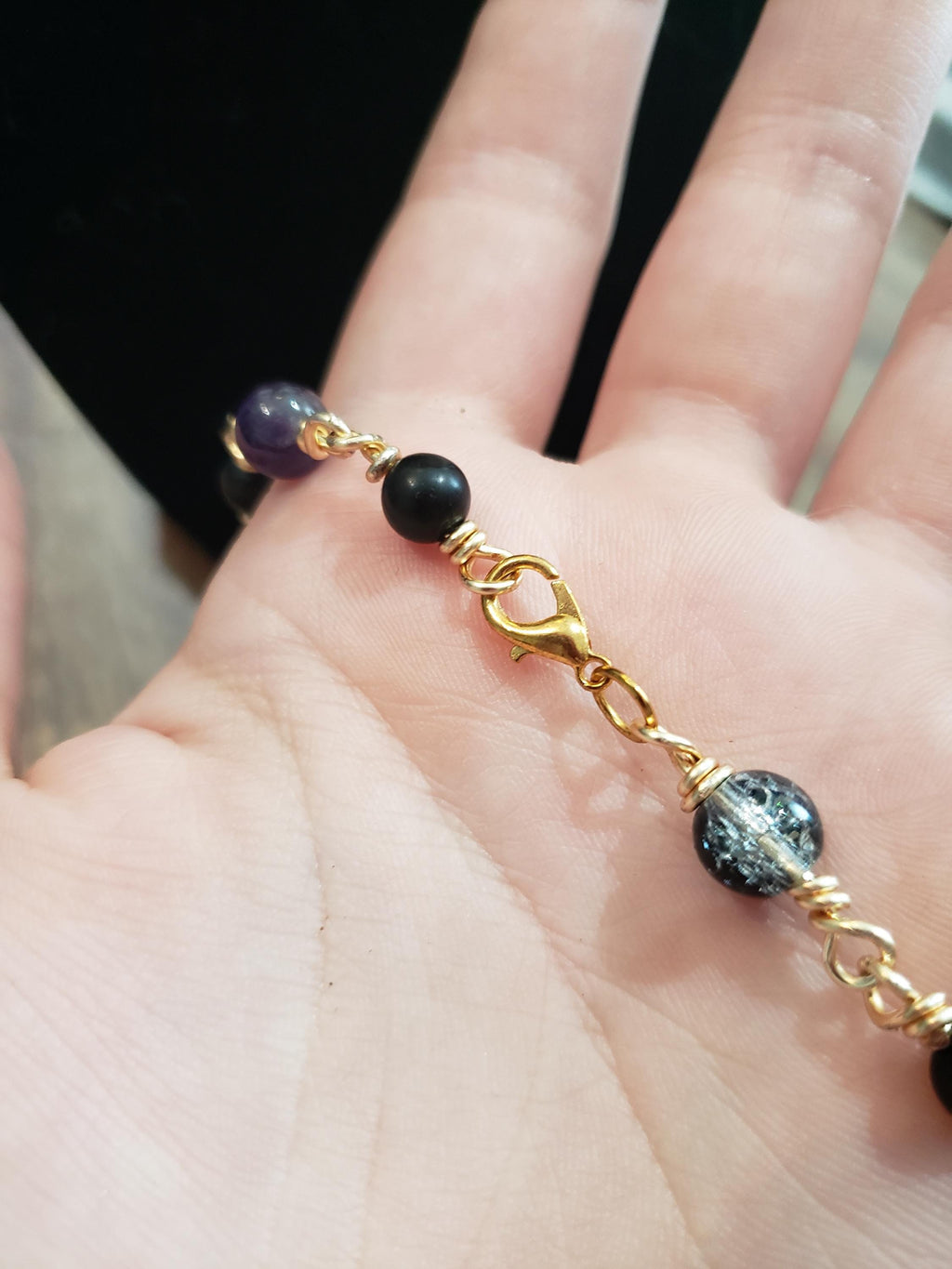 Black Spotted Witchy Pendant with Oynx, glass, and Amethyst Beads