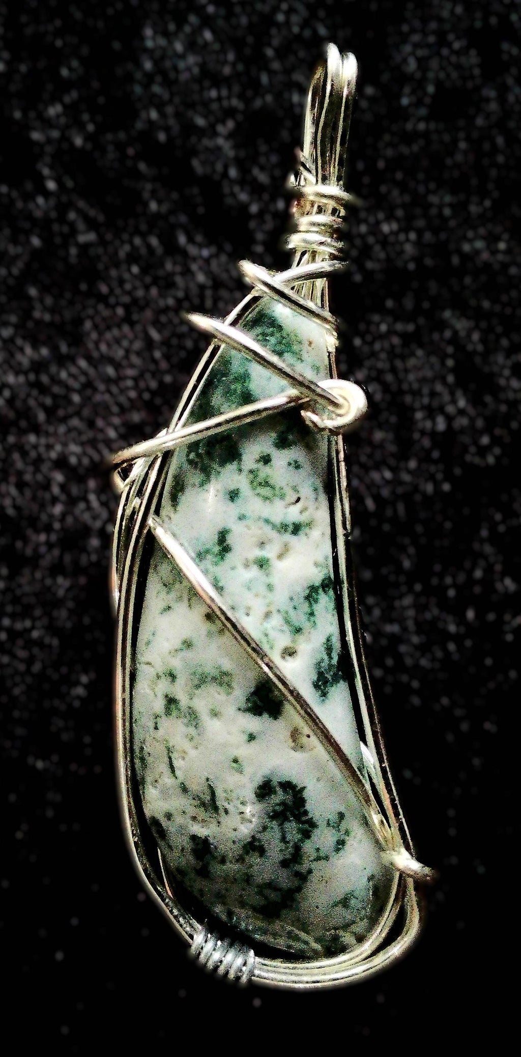 White Moss Agate Pendant Featuring Silver Wire Wrapping