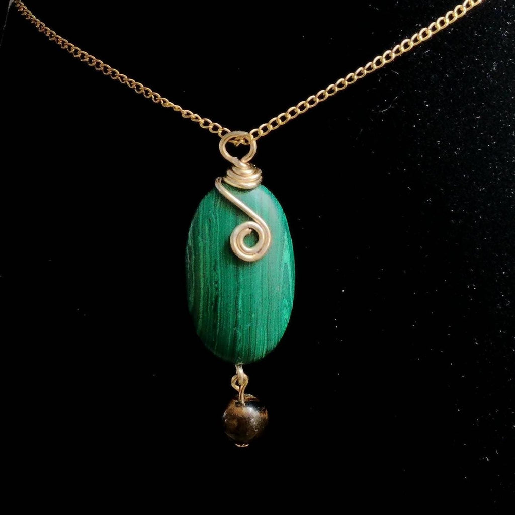 Malachite Pendant with Tiger Eye Bead on a Gold Chain