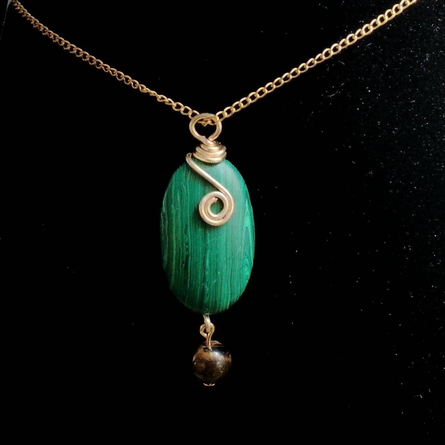 Malachite Pendant with Tiger Eye Bead on a Gold Chain
