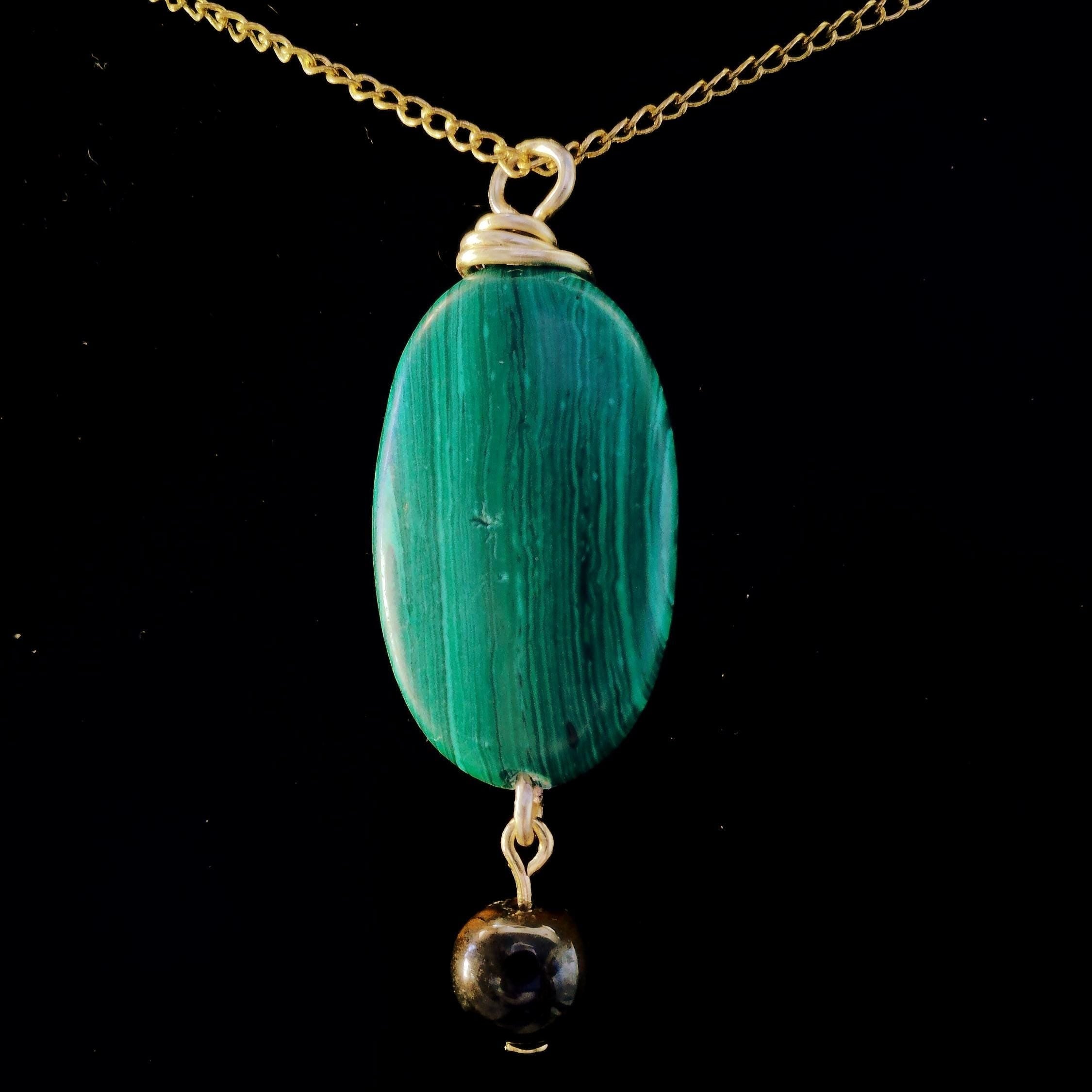Malachite Pendant with Tiger Eye Bead on a Gold Chain