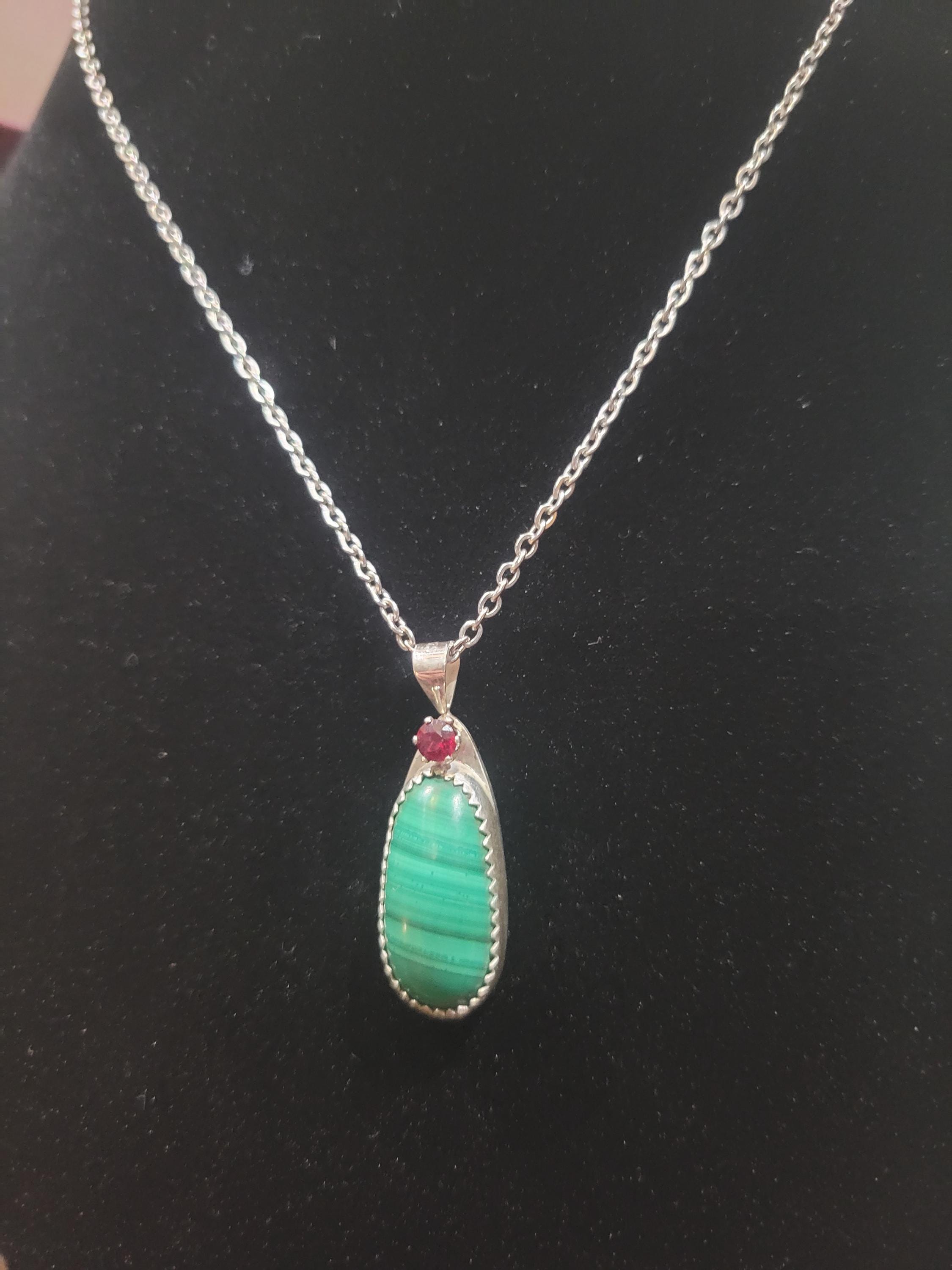Malachite with Red Garnet Sterling Silver Necklace
