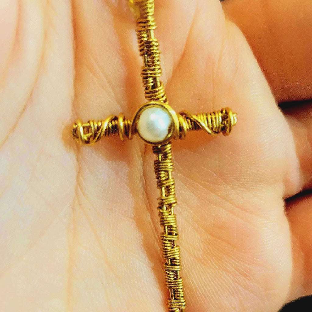 Gold Copper Wire Wrapped Cross Necklace: Freshwater Pearl Pendant