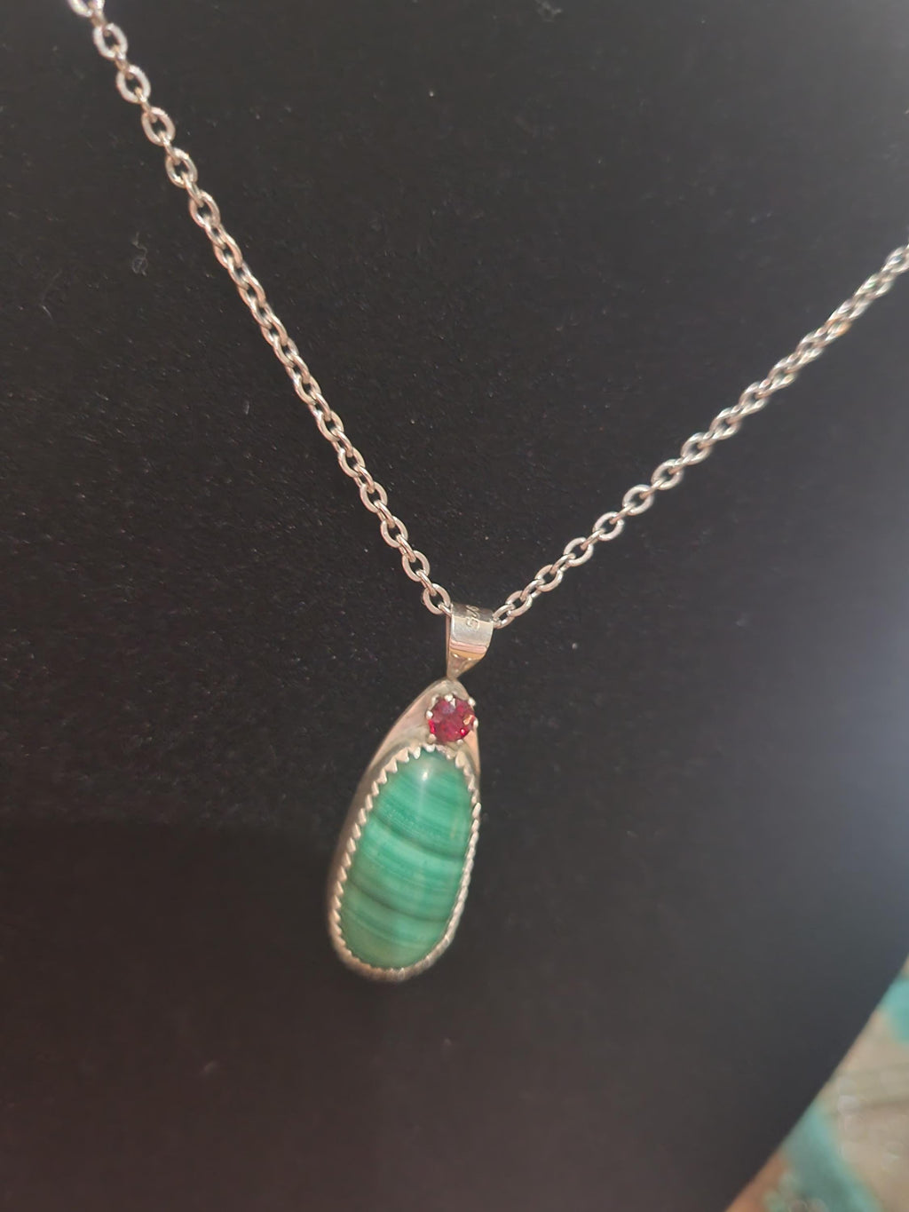Malachite with Red Garnet Sterling Silver Necklace