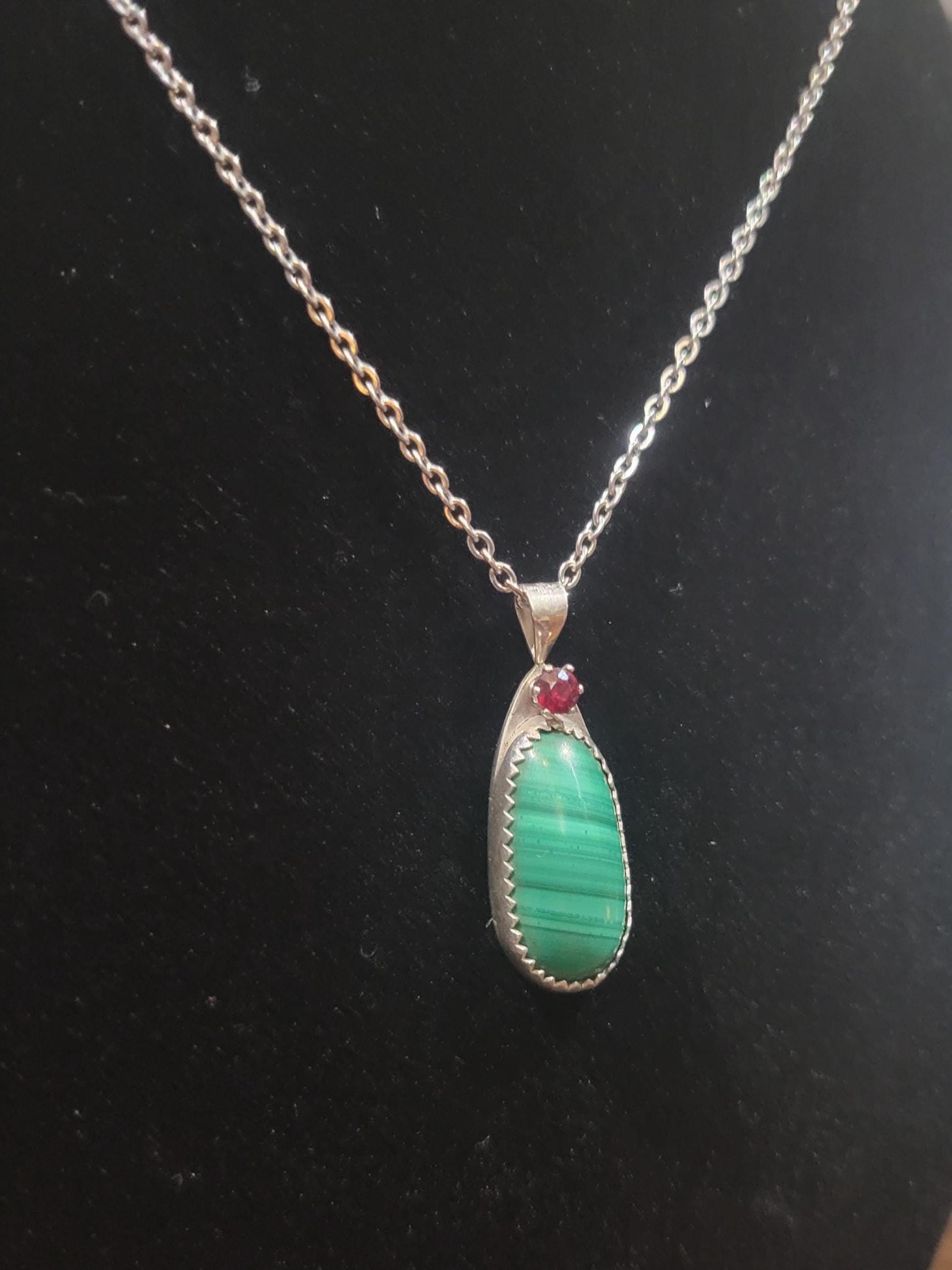 Malachite with Red Garnet Sterling Silver Necklace