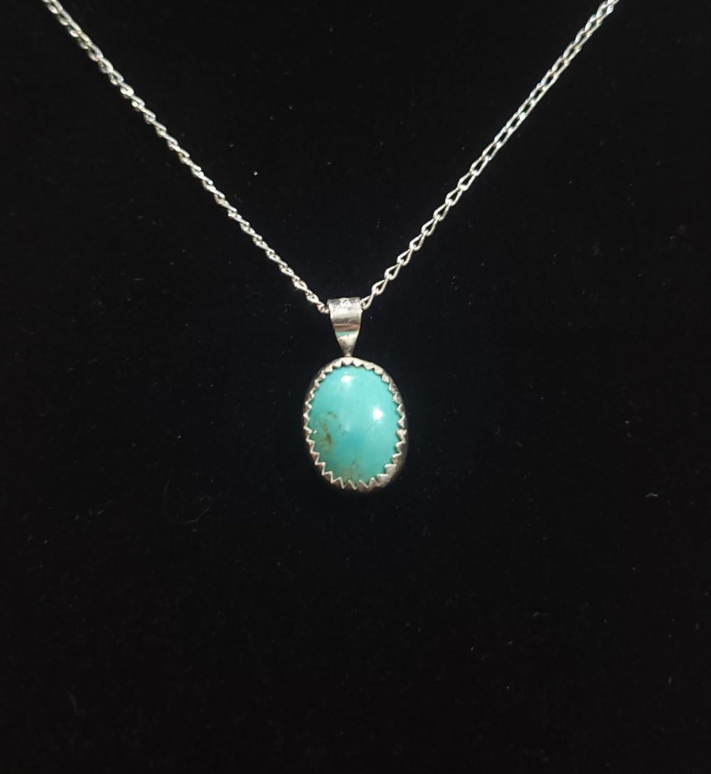 Small Oval Turquoise Pendant — Sterling Silver Bezel, 16” Silver-Toned Chain