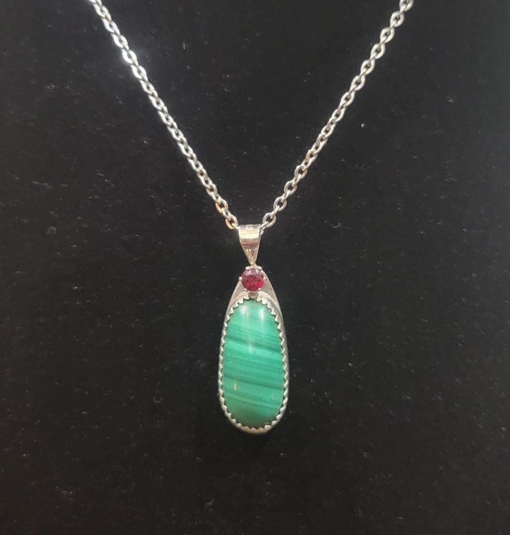 Malachite with Red Garnet Sterling Silver Necklace