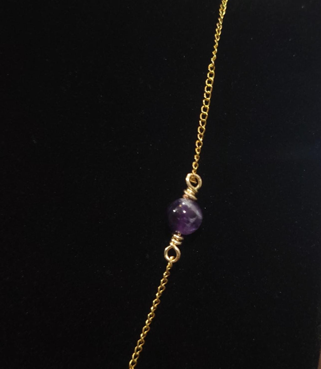 Wire-Wrapped Amethyst Pendant Necklace — 16” Gold Chain