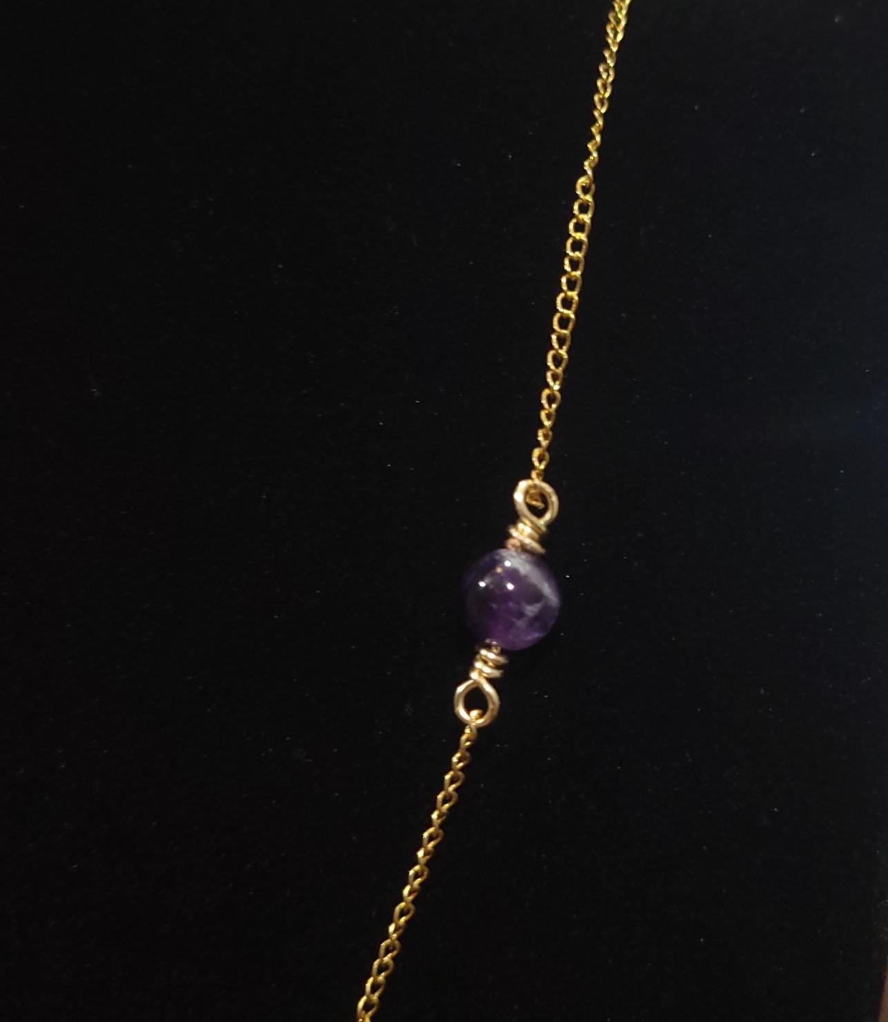 Wire-Wrapped Amethyst Pendant Necklace — 16” Gold Chain