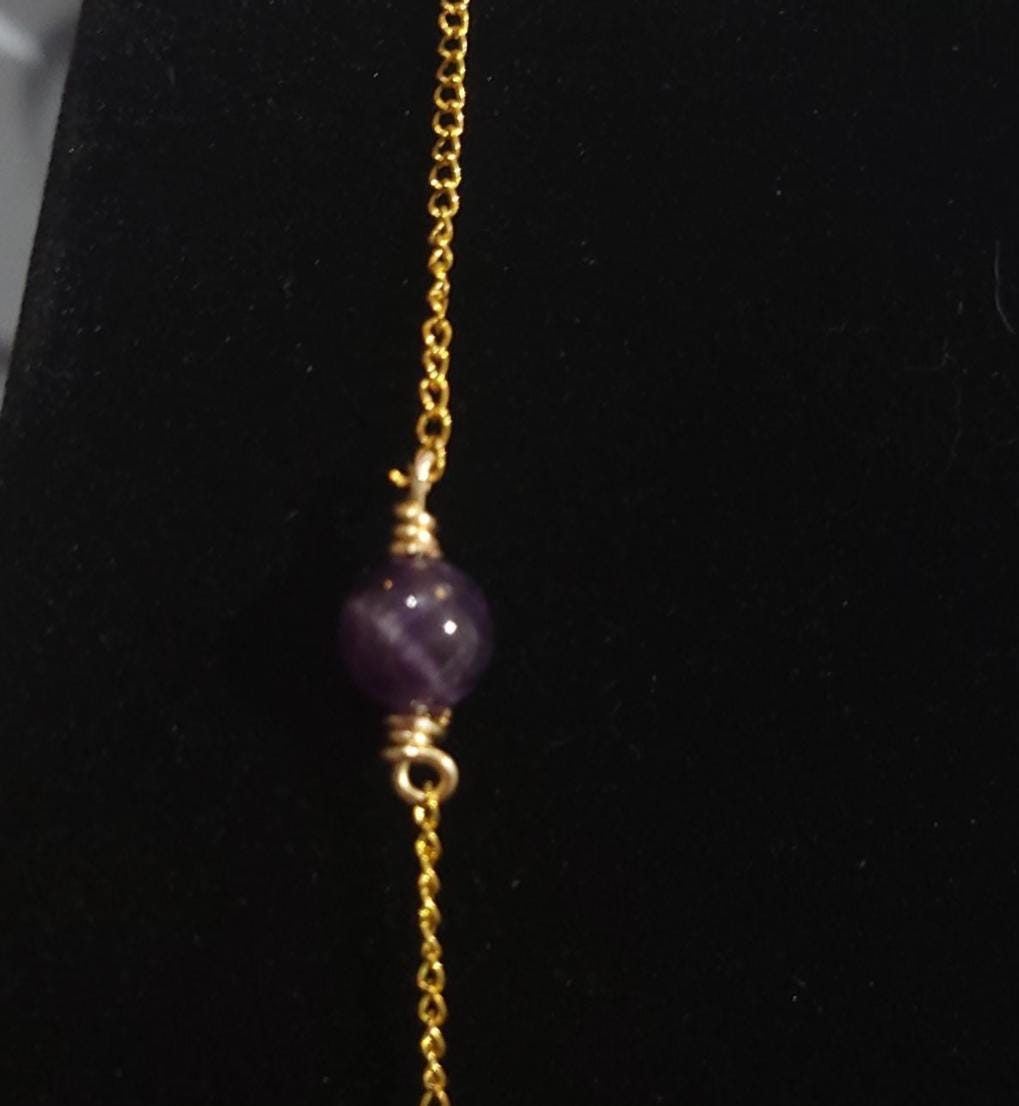 Wire-Wrapped Amethyst Pendant Necklace — 16” Gold Chain