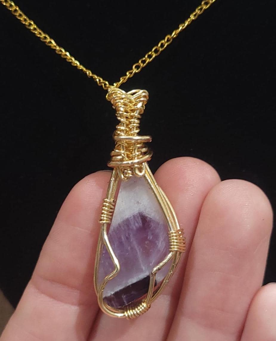 Wire-Wrapped Amethyst Pendant Necklace — 16” Gold Chain