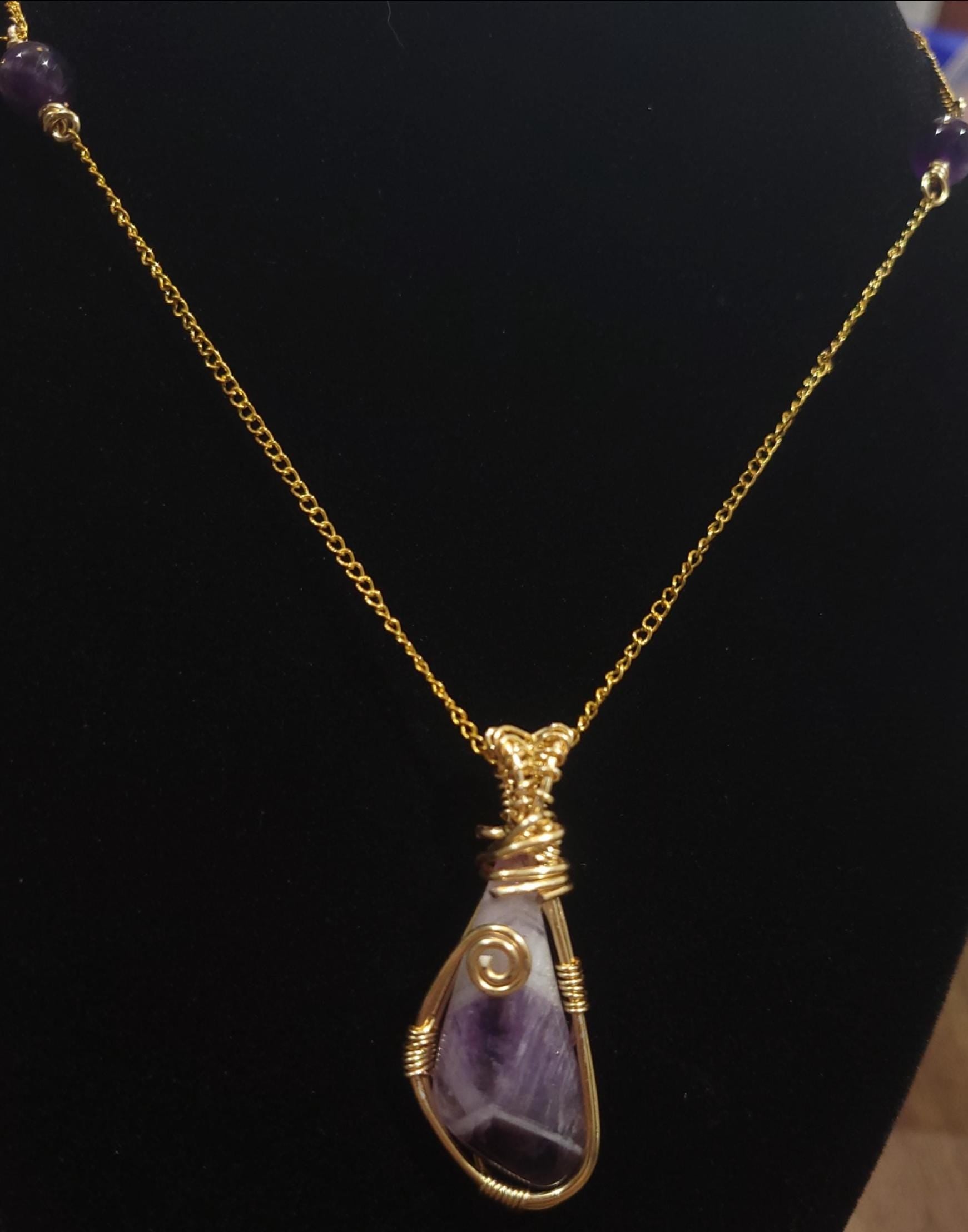 Wire-Wrapped Amethyst Pendant Necklace — 16” Gold Chain