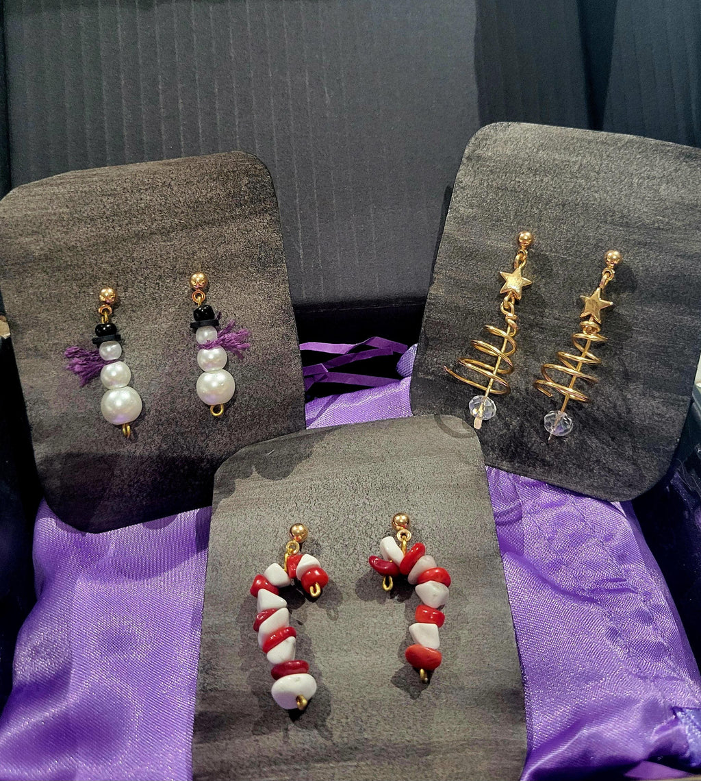 Holiday Trio Earring Set – Candy Cane, Gold Christmas Tree & Snowman Studs