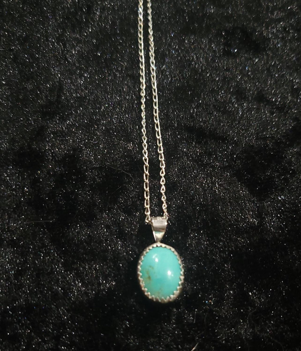 Small Oval Turquoise Pendant — Sterling Silver Bezel, 16” Silver-Toned Chain